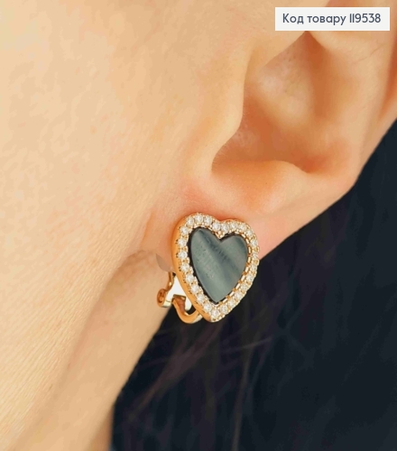 Серьги-клипсы "Сердце" с Черной эмалью и Камешками, 1,3см, Xuping 18K 119538 фото 1