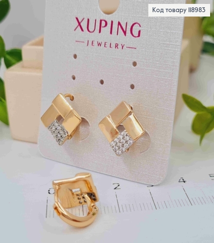 Серьги кольца "Ромбы" украшены камешками (1,4см), диаметр 1,2см, Xuping 18K 118983 фото 2