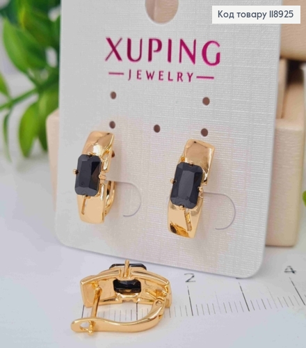 Серьги Прямоугольные с Черным камнем, 1,6см, английская застежка, Xuping 18K 118925 фото 1
