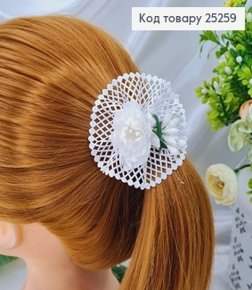 Заколка, Бант Белый, Кружево с цветочком и приложением, 7см, ручная работа, Украина. 25259 фото