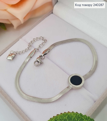 Браслет 19.5+5 см Римские часы, плоский снейк с черной эмалью, цвет серебряный, Stainless Steel 240287 фото 1