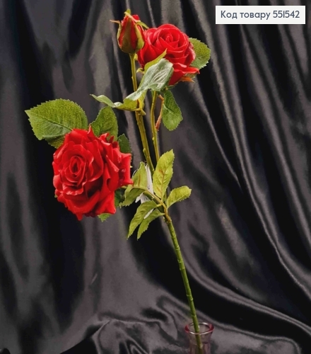 Искусственная веточка розы, красного цвета, 2цветка, 2бутона на металл, высота 51см. 551542 фото 2