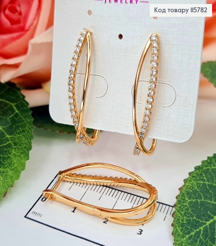Серьги полукольца, с переплетами и строчкой камешков, 3см, англ. зам. Xuping 18K 115782 фото 1
