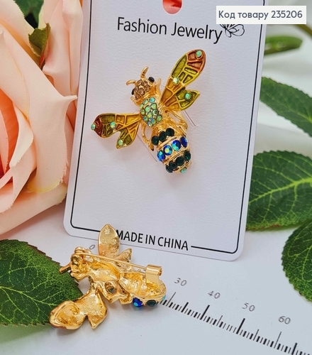 Брошь металл "Пчелка", с цветными камнями зеленых оттенков, 4см 235206 фото 1