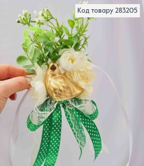 Повязка для корзины МОЛОЧНЫЕ ЦВЕТКИ С ПТАШКОЙ, Зеленый Бант, на завязках, размер: 10*25см, Украина 283205 фото