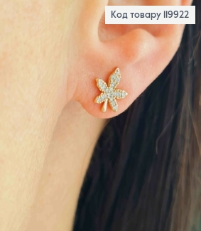 Сережки гвіздки "Листочок Коноплі" з Блискучими камінцями, розміром 0,9см, Xuping 18К 119922 фото