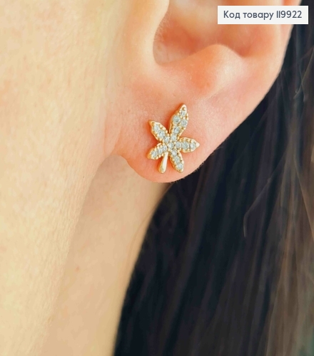 Сережки гвіздки "Листочок Коноплі" з Блискучими камінцями, розміром 0,9см, Xuping 18К 119922 фото 1
