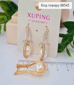 Сережки овальні прикрашені камінням та Перлинкою всередині, 3см, англійська застібка, XUPING 18K 118343 фото