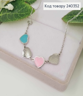 Цепочка, с подвесками голубовато-розовыми сердечками, серебряного цвета, дл. 40+5см, сталь Stainless Steel 240352 фото