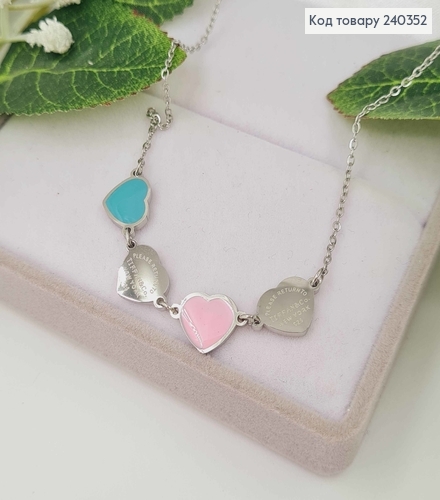 Цепочка, с подвесками голубовато-розовыми сердечками, серебряного цвета, дл. 40+5см, сталь Stainless Steel 240352 фото 1
