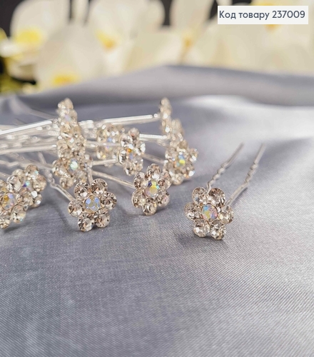 Шпилька - ухват Цветочек 1,1см с камнями серебряная  237009 фото 1