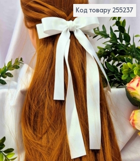 Бант БЕЛЫЙ, атласный, двойной с длинными хвостами, на заколке автоматик, размер 15*23см. 255237 фото