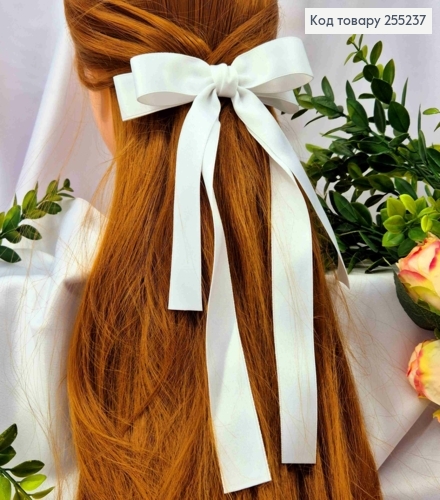 Бант БЕЛЫЙ, атласный, двойной с длинными хвостами, на заколке автоматик, размер 15*23см. 255237 фото 1