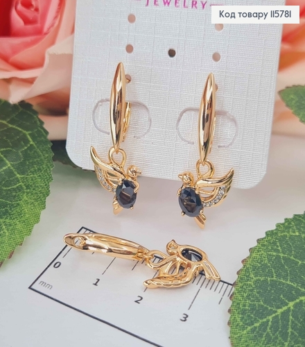 Серьги с подвеской птички с черным камешком, 3см, англ. зам. Xuping 18K 115781 фото 1