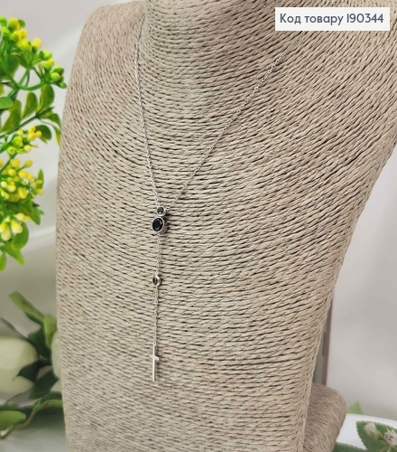Цепочка родованная с подвеской крестиком и черными камешками в оправе, длина 45+5см, Stainlles Still 190344 фото 1