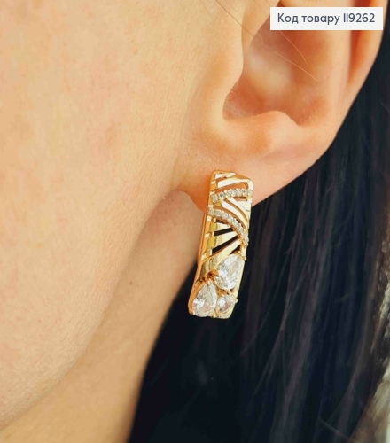 Серьги Прямоугольные украшены яркими камешками, длина 2,2см, английская застежка, Xuping 18k. 119262 фото 2