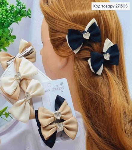 Набір заколок стріла (2шт) "Бант" з "Серцем" в камінцях, кольори в асорт., заколка 5,5см, бант 7*5см 271508 фото 1