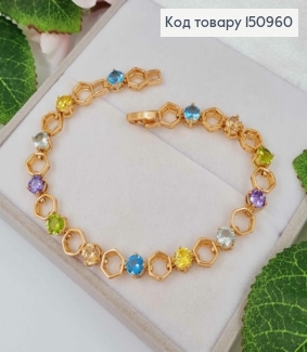 Браслет плетения шестиугольники с цветными камешками 19,5см, Xuping 18K. 150960 фото