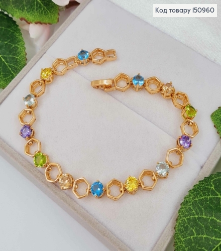 Браслет плетения шестиугольники с цветными камешками 19,5см, Xuping 18K. 150960 фото 1