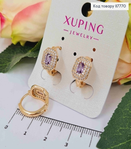 Серьги кольца (1,6см) с Квадратным Фиолетовым камешком, Xuping 18К 117770 фото 1