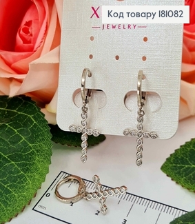 Серьги родовые, кольца, с подвеской Крестиком в камнях, с переплетением 2см, Xuping 181082 фото