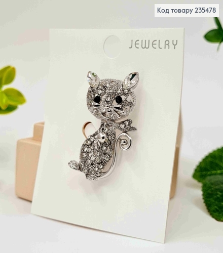 Брошь "Котик" Серебряного цвета, с камешками, размер 3,8*2см 235478 фото 1