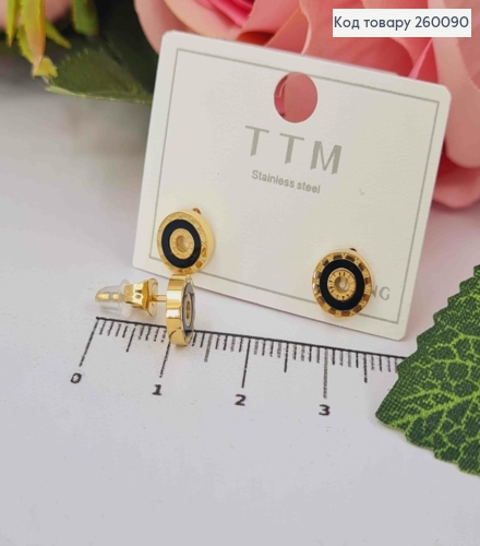 Серьги гвоздики "Римские Часы" с черной эмалью, лимонного цвета, 0,8см, сталь Stainless Steel 260090 фото 1
