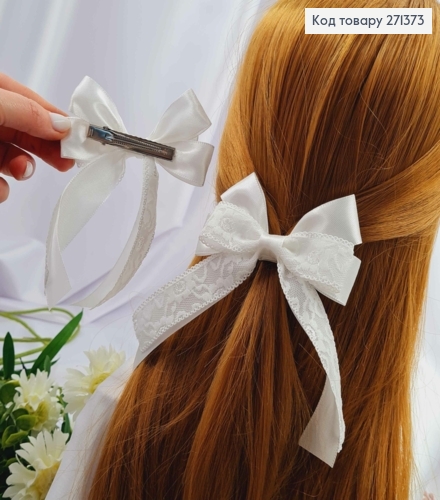 Заколка БАНТ Белого цвета, атласная с кружевом, 9*5см 271373 фото 2