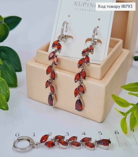 Серьги родованные кольца (1,1см) с подвесной веточкой из Красных камешков, дл. 4,3см, Xuping 181793 фото 1