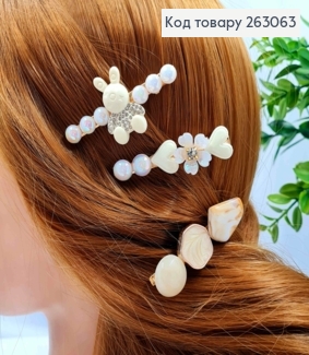 Набір дитячих заколок стріла (3шт) "Серце-Зайчення-Квітка", Перламутрових кольорів, 6см 263063 фото