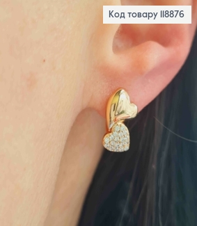 Сережки "Подвійне Серце" прикрашені Блискучими камінцями, 1,4см, англійська застібка,  Xuping 18К 118876 фото