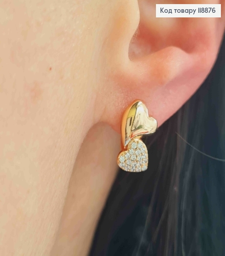 Сережки "Подвійне Серце" прикрашені Блискучими камінцями, 1,4см, англійська застібка,  Xuping 18К 118876 фото 1