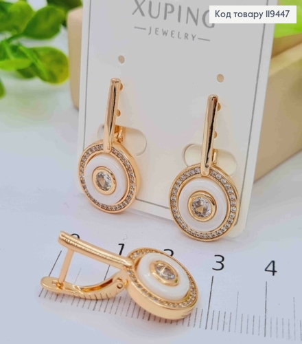 Серьги "Retro" с Блестящими камешками и Белой эмалью, 2,7см, английская застежка, Xuping 18К 119447 фото 2