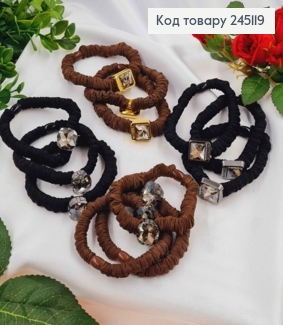 Резинка-жатка (0,9см)  атласна 6см  з великим камінцем в асорт. коричнево-чорні, запаковані по 12шт 245119 фото