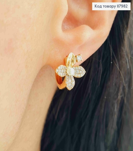 Серьги кольца (1,3см) "Цветок" с блестящими камешками и бусинками, 1,3см, Xuping 18K 117982 фото 1