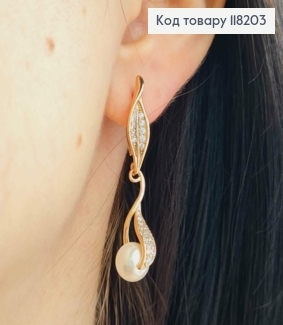 Серьги с Подвесной Жемчужиной украшены камешками, 2,3+2,3см, англ. застежка, Xuping 18К 118203 фото