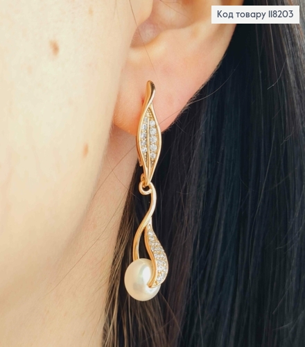 Серьги с Подвесной Жемчужиной украшены камешками, 2,3+2,3см, англ. застежка, Xuping 18К 118203 фото 1