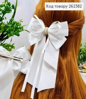 Бант БЕЛЫЙ с жемчужками и стразами, на заколке 7,5см, тканям атлас, размер 13*18см. 262382 фото