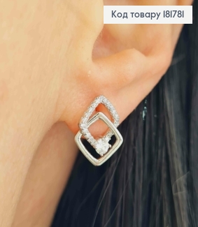 Серьги родованные гвозди "Двойной Ромб" с блестящими камешками, 1,4см, Xuping 181781 фото