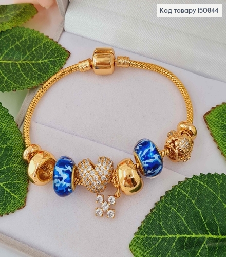 Браслет "Пандора" с Синим шармиком, с подвеской крестиком из камешков, длиной 18см. Xuping 18K 150844 фото 1