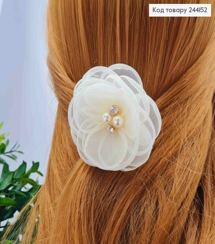Резинка-детская, "ЦВЕТОК" с бусинками и камешками, 6,5см, цвета Айвори, ручная работа, Китай 244152 фото 1