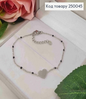 Браслет срібного кольору, з Бусинками підвіскою Серце (10*8мм), 18+3,5см, сталь Stainless Steel 250045 фото