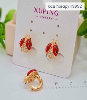 Серьги кольца "Бедрик" (1,2см) с блестящими камешками и красной эмалью, диаметр 1см, Xuping 18K 119992 фото