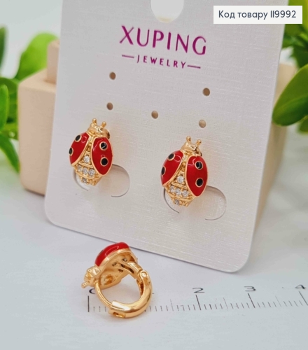 Серьги кольца "Бедрик" (1,2см) с блестящими камешками и красной эмалью, диаметр 1см, Xuping 18K 119992 фото 1
