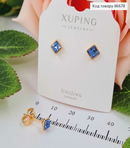 Серьги гвоздики, квадратики с синим камнем Сваровски, 5мм, Xuping 18K 116678 фото 2