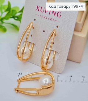 Серьги овальные с жемчужкой внутри, длина 2,9см, английская застежка, XUPING 18K. 119974 фото