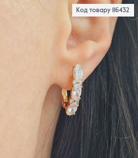 Серьги пластинка, три белых камня, 1,6см, англ. зам. Xuping 18K 116432 фото