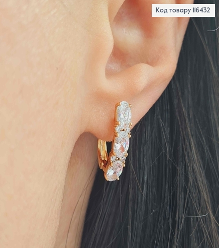 Серьги пластинка, три белых камня, 1,6см, англ. зам. Xuping 18K 116432 фото 1