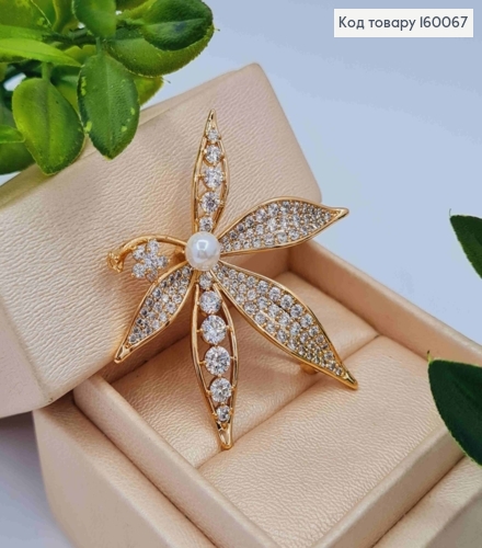Брошка "Листочок" прикрашена Перлинкою та Блискучими камінцями, 4см, Xuping 18к 160067 фото 2