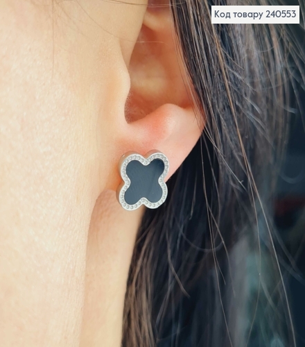 Серьги гвоздики серебряного цвета с черной эмалью "Van Cleef", 1,3см, сталь Stainless Steel 240553 фото 2